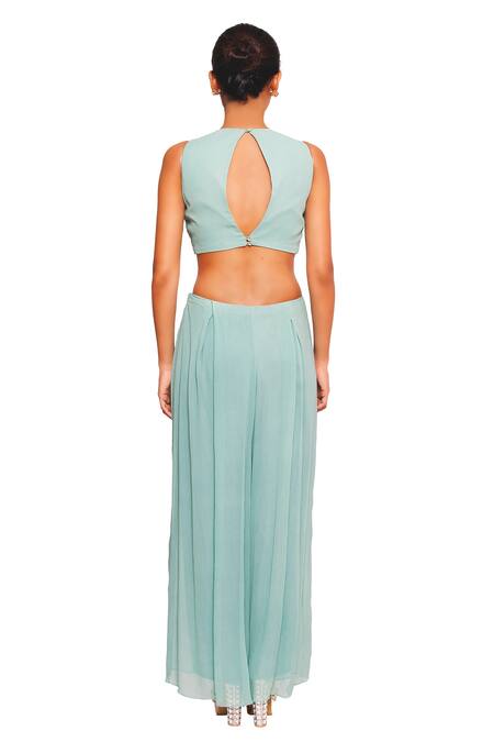 Shop Salt And Spring Green Georgette Floral Motifs Round Embroidered Crop Top And Pant Set at Aza Fashions Shop_Salt And Spring_Green Georgette Floral Motifs Round Embroidered Crop Top And Pant Set _at_Aza_Fashions