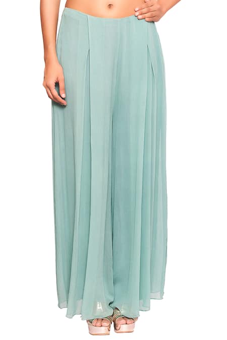 Salt And Spring Green Georgette Floral Motifs Round Embroidered Crop Top And Pant Set Online at Aza Fashions Salt And Spring_Green Georgette Floral Motifs Round Embroidered Crop Top And Pant Set _Online_at_Aza_Fashions