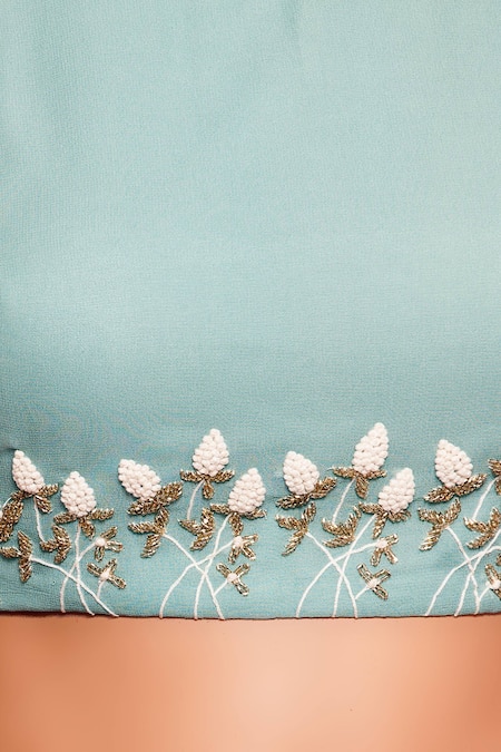 Buy Salt And Spring Green Georgette Floral Motifs Round Embroidered Crop Top And Pant Set Online at Aza Fashions Buy_Salt And Spring_Green Georgette Floral Motifs Round Embroidered Crop Top And Pant Set _Online_at_Aza_Fashions