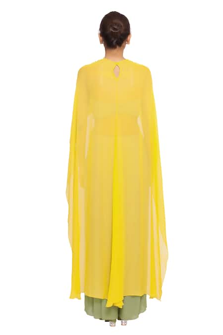 Shop Salt And Spring Yellow Georgette Floral Motifs Round Embroidered Cape And Pant Set at Aza Fashions Shop_Salt And Spring_Yellow Georgette Floral Motifs Round Embroidered Cape And Pant Set _at_Aza_Fashions