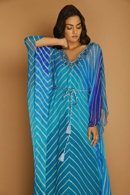K-Anshika_Blue Georgette V Neck Printed Kaftan_Online_at_Aza_Fashions