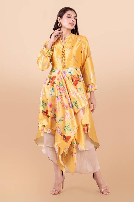 Jajobaa Beige Modal Satin Printed Kurta And Dhoti Pant Set