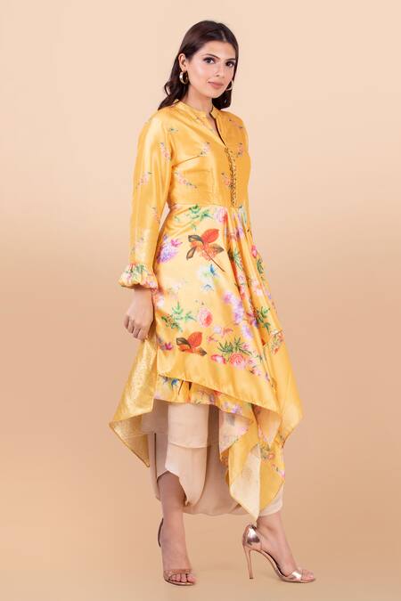 Jajobaa_Beige Modal Satin Printed Kurta And Dhoti Pant Set_Online_at_Aza_Fashions