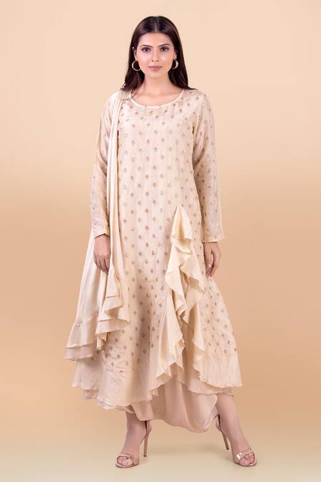 Jajobaa_Beige Assam Silk, Lace, Model Satin Round Draped Tunic And Dhoti Pant Set_Online_at_Aza_Fashions