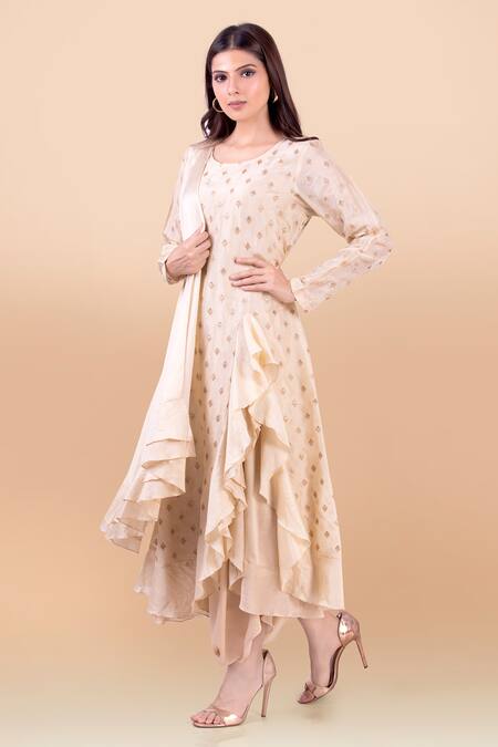 Buy_Jajobaa_Beige Assam Silk, Lace, Model Satin Round Draped Tunic And Dhoti Pant Set_Online_at_Aza_Fashions