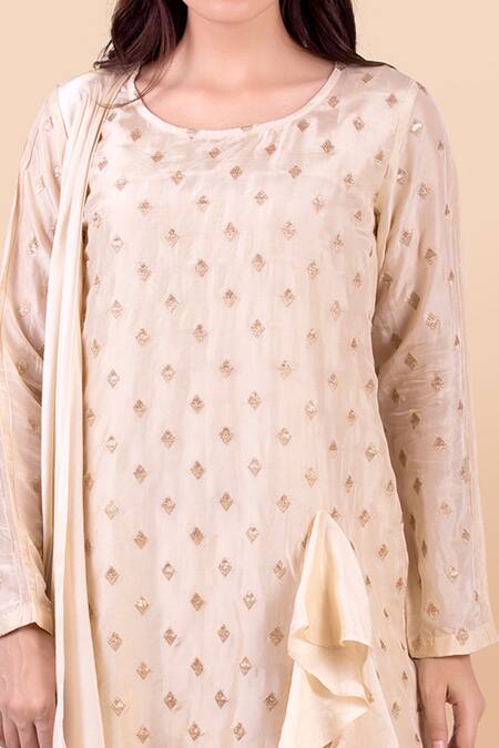 Shop_Jajobaa_Beige Assam Silk, Lace, Model Satin Round Draped Tunic And Dhoti Pant Set_Online_at_Aza_Fashions