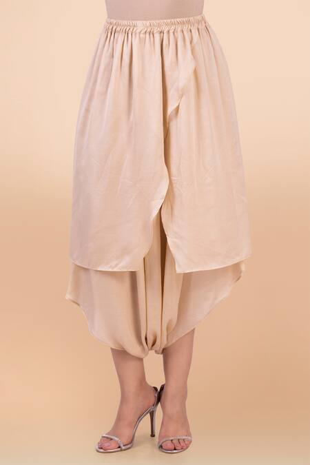 Jajobaa_Beige Assam Silk, Lace, Model Satin Round Draped Tunic And Dhoti Pant Set_at_Aza_Fashions