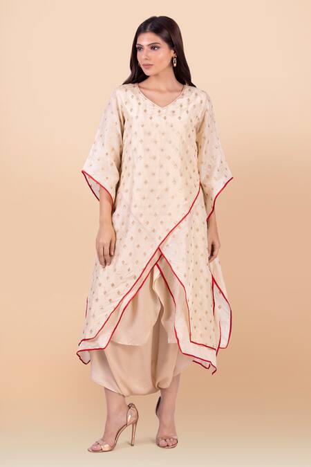 Jajobaa_Beige Assam Silk Woven V Neck Asymmetric Kurta And Dhoti Pant Set_Online_at_Aza_Fashions