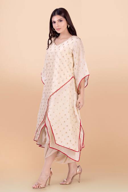 Buy_Jajobaa_Beige Assam Silk Woven V Neck Asymmetric Kurta And Dhoti Pant Set_Online_at_Aza_Fashions