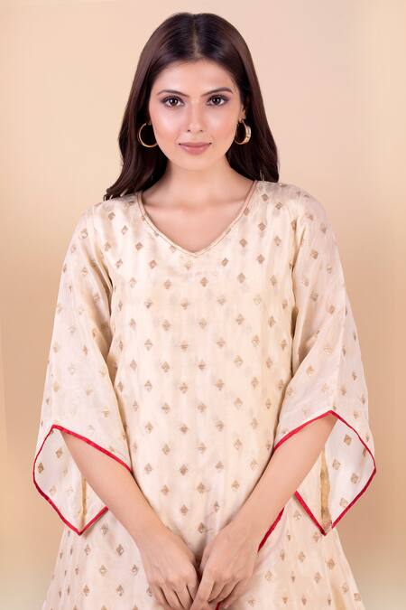 Shop_Jajobaa_Beige Assam Silk Woven V Neck Asymmetric Kurta And Dhoti Pant Set_Online_at_Aza_Fashions