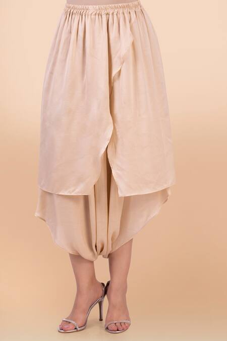 Jajobaa_Beige Assam Silk Woven V Neck Asymmetric Kurta And Dhoti Pant Set_at_Aza_Fashions