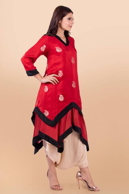 Jajobaa_Red Banarasi Silk Embroidery V Neck Asymmetric Kurta And Dhoti Pant Set_Online_at_Aza_Fashions