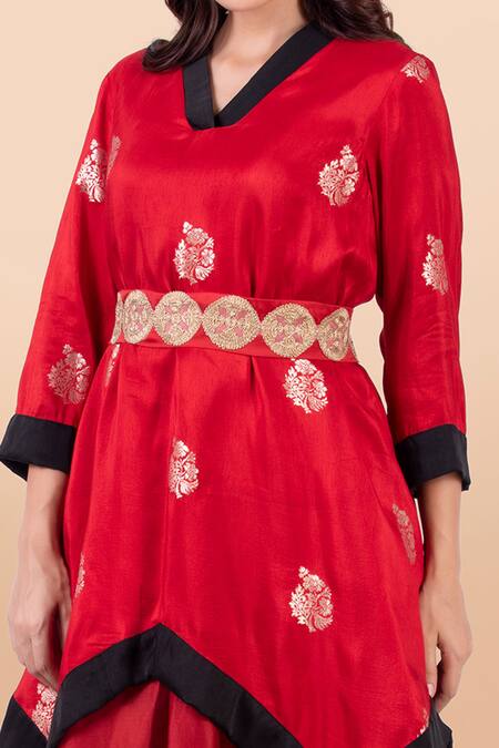 Shop_Jajobaa_Red Banarasi Silk Embroidery V Neck Asymmetric Kurta And Dhoti Pant Set_Online_at_Aza_Fashions