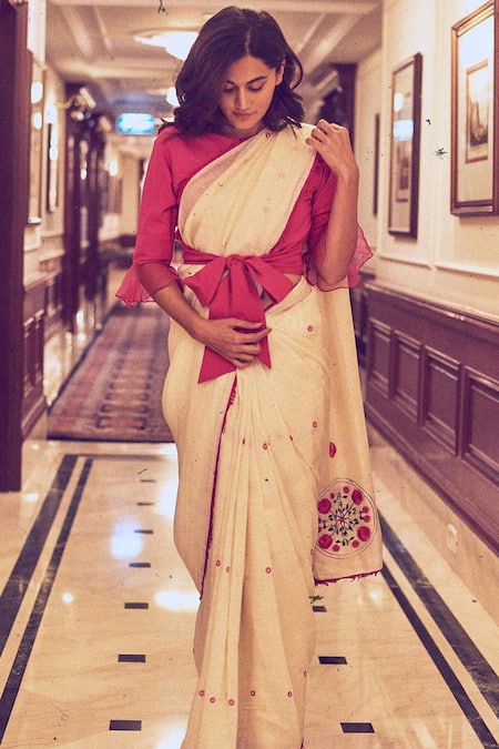 Kanelle Off White Handloom Linen Embroidered Saree