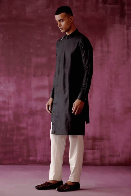 Pouli Pret_Black Cotton Satin Asymmetric Kurta _Online_at_Aza_Fashions