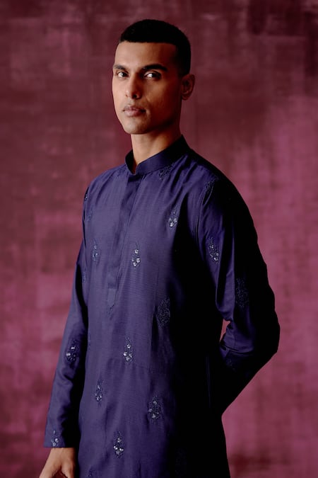 Buy_Pouli Pret_Blue Silk, Lining Thread, Matte Sequins Floral Embroidered Kurta _Online_at_Aza_Fashions