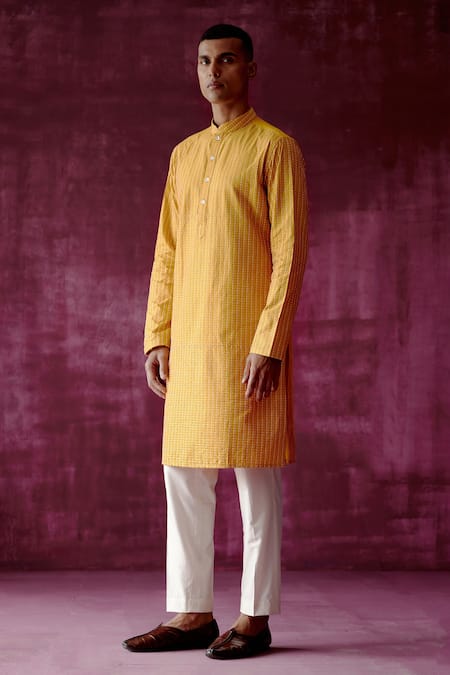 Pouli Pret_Yellow , Lining Thread Embroidered Kurta _Online_at_Aza_Fashions