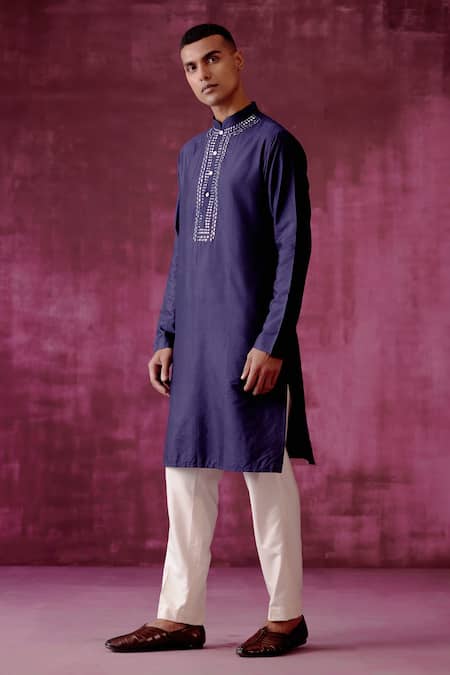 Pouli Pret_Blue , Lining Mirror, Thread Kurta _Online_at_Aza_Fashions