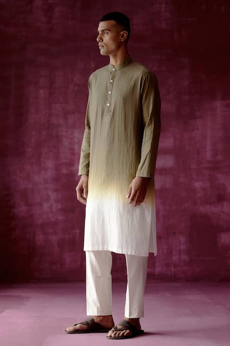 Pouli Pret_Green 100% Cotton Ombre Dyed Kurta _Online_at_Aza_Fashions