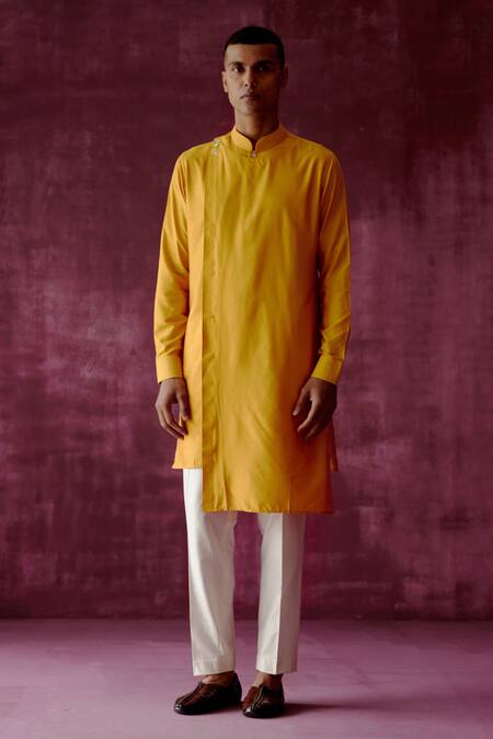 Pouli Pret Yellow Cotton Satin Asymmetric Overlap Kurta Online at Aza Fashions Pouli Pret_Yellow Cotton Satin Asymmetric Overlap Kurta _Online_at_Aza_Fashions