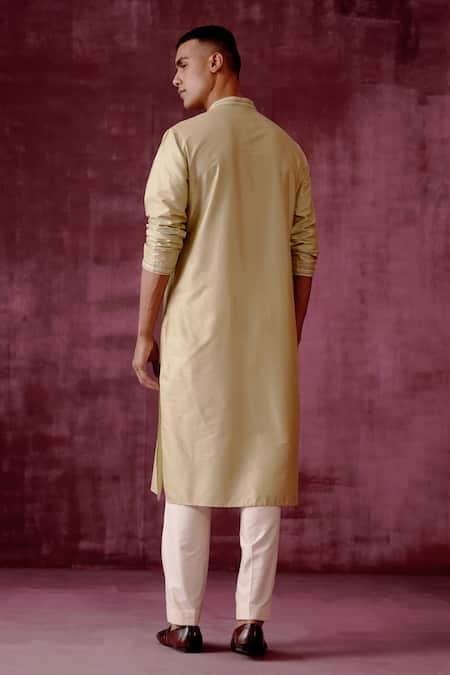 Shop_Pouli Pret_Green , Lining Thread Geometric Embroidered Kurta _at_Aza_Fashions