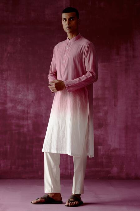 Pouli Pret_Pink 100% Cotton Ombre Dyed Kurta _Online_at_Aza_Fashions