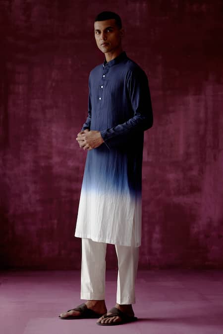 Pouli Pret_Blue 100% Cotton Ombre Dyed Kurta _Online_at_Aza_Fashions