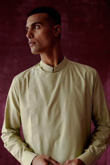 Pouli Pret_Green Cotton Satin Asymmetric Kurta _Online_at_Aza_Fashions