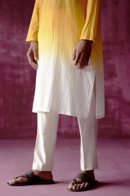 Pouli Pret_Yellow 100% Cotton Ombre Dyed Kurta _Online_at_Aza_Fashions