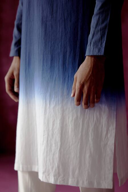 Buy_Pouli Pret_Blue 100% Cotton Ombre Dyed Kurta _Online_at_Aza_Fashions