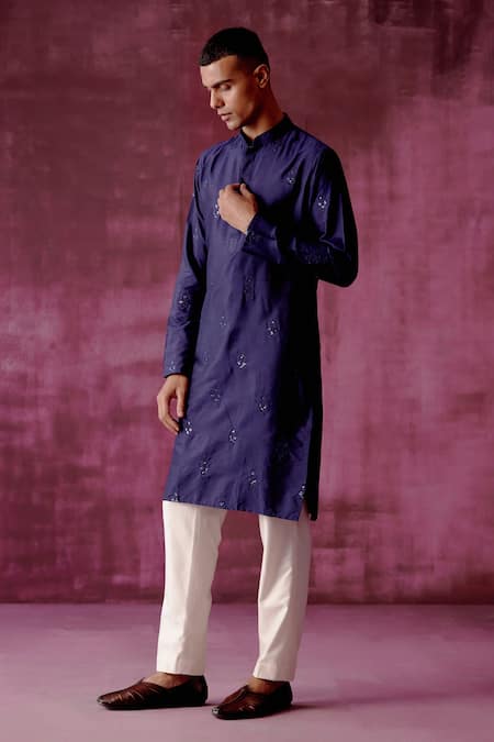 Pouli Pret_Blue Silk, Lining Thread, Matte Sequins Floral Embroidered Kurta _Online_at_Aza_Fashions