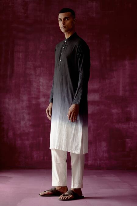 Pouli Pret_Black 100% Cotton Ombre Dyed Kurta _Online_at_Aza_Fashions