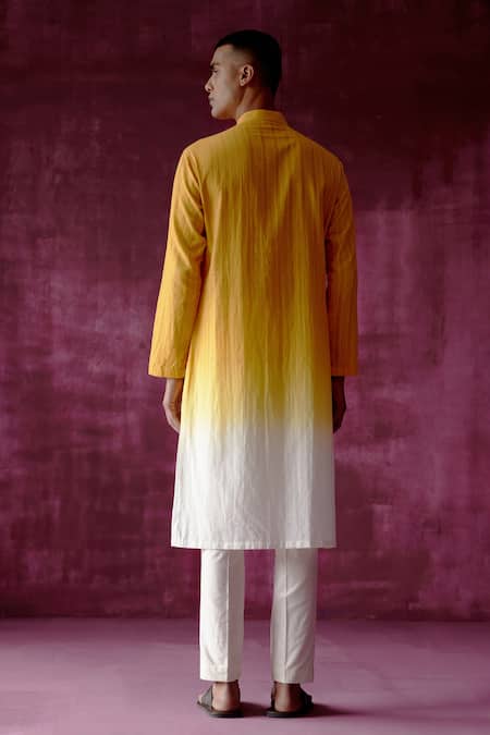 Buy_Pouli Pret_Yellow 100% Cotton Ombre Dyed Kurta _Online_at_Aza_Fashions