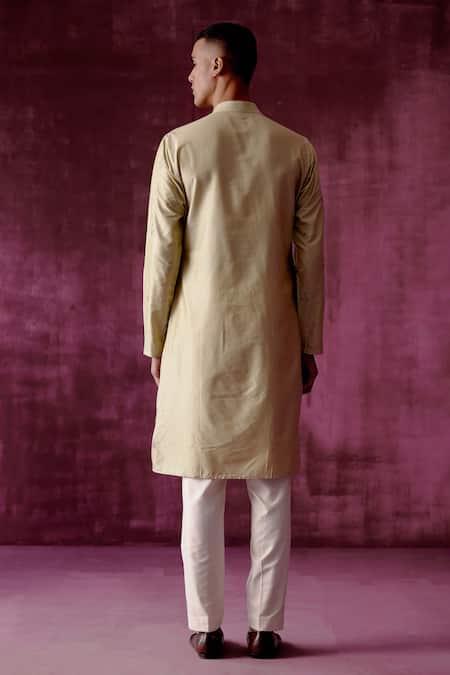 Shop_Pouli Pret_Green Silk, Lining Thread, Matte Sequins Floral Embroidered Kurta _at_Aza_Fashions
