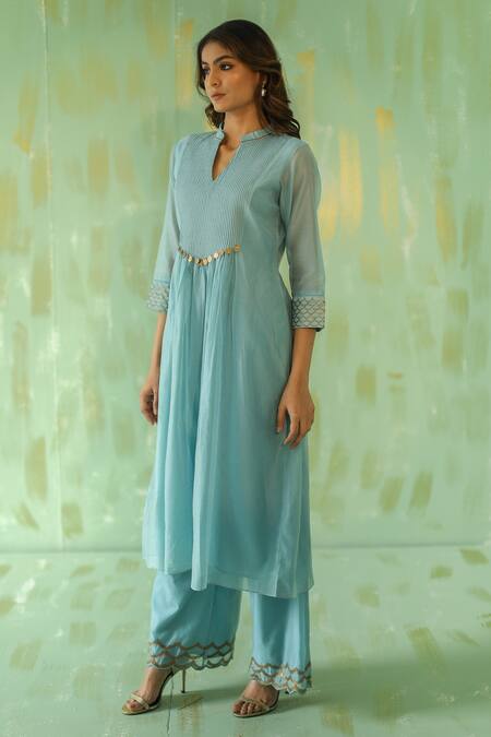 Pouli Pret_Blue Organza, Chanderi, Lining Cotton Mirror, Sequin, Zari Kurta Pant Set _Online_at_Aza_Fashions