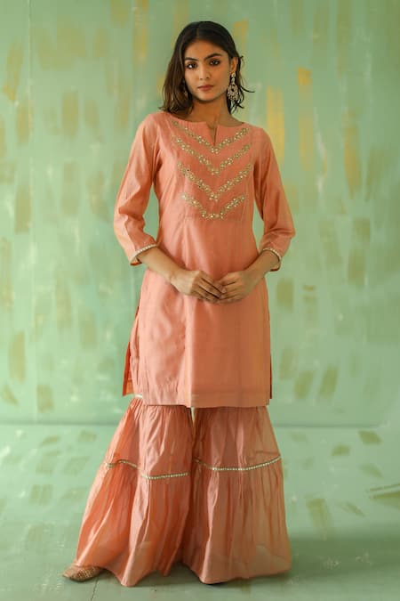 Pouli Pret_Pink Organza, Chanderi, Lining Cotton Mirror, Embroidered Kurta Gharara Set _Online_at_Aza_Fashions