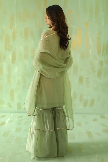Shop Pouli Pret Green Organza, Chanderi, Lining Cotton Mirror, Embroidered Kurta Gharara Set at Aza Fashions Shop_Pouli Pret_Green Organza, Chanderi, Lining Cotton Mirror, Embroidered Kurta Gharara Set _at_Aza_Fashions