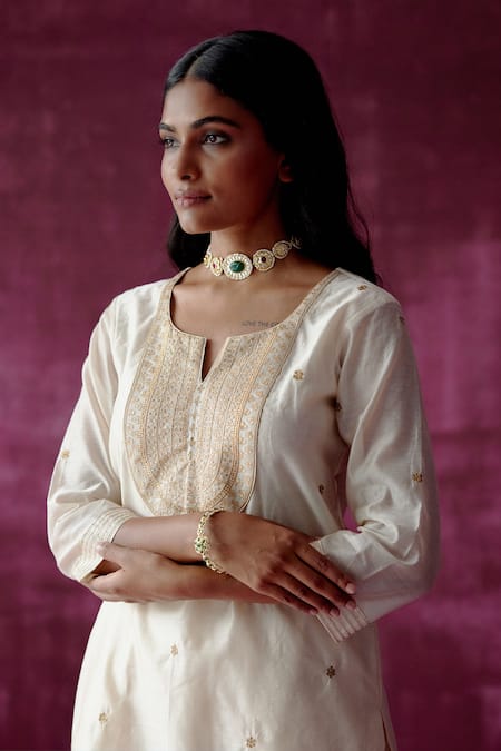 Buy Pouli Pret Off White Organza, Chanderi, Lining Cotton Embroidered Kurta Gharara Set Online at Aza Fashions Buy_Pouli Pret_Off White Organza, Chanderi, Lining Cotton Embroidered Kurta Gharara Set _Online_at_Aza_Fashions