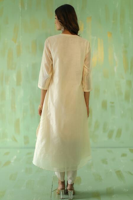 Shop_Pouli Pret_Off White , Chanderi, Lining Asymmetric Kurta And Dhoti Pant Set _at_Aza_Fashions