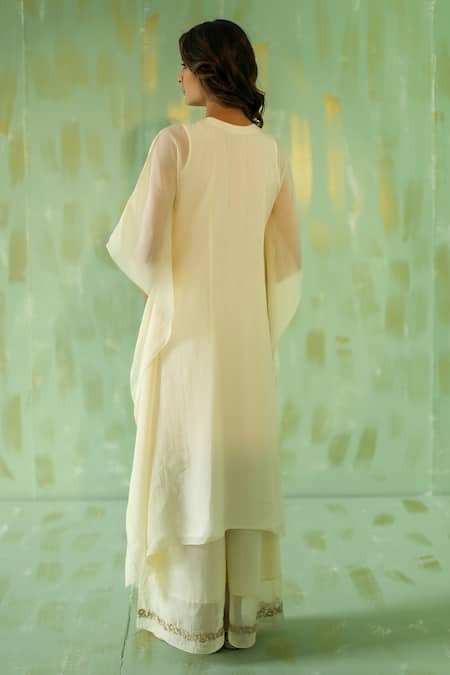 Shop_Pouli Pret_Off White Cotton Silk, Georgette Organza, Lining Embroidered Kaftan And Pant Set _at_Aza_Fashions