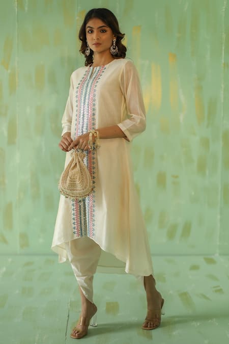 Pouli Pret_Off White , Chanderi, Lining Asymmetric Kurta And Dhoti Pant Set _Online_at_Aza_Fashions