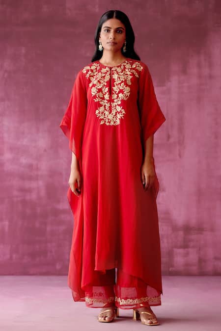 Pouli Pret_Red Cotton Silk, Georgette Organza, Lining Embroidered Kaftan And Pant Set _Online_at_Aza_Fashions