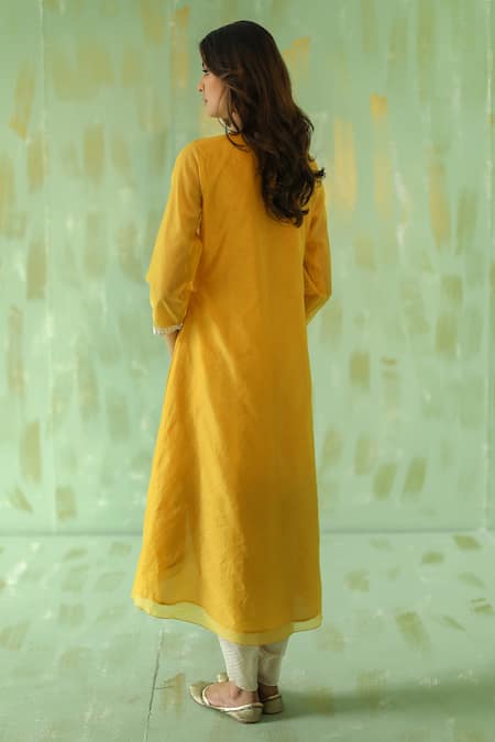 Shop Pouli Pret Yellow , Chanderi, Lining Embroidered Kurta And Dhoti Pant Set at Aza Fashions Shop_Pouli Pret_Yellow , Chanderi, Lining Embroidered Kurta And Dhoti Pant Set _at_Aza_Fashions