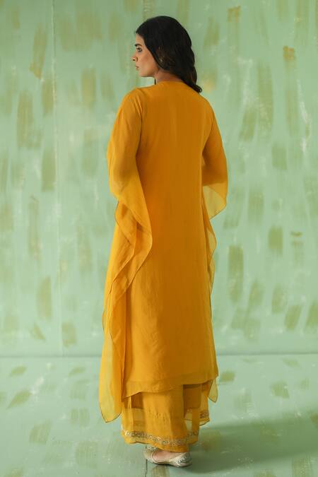 Shop_Pouli Pret_Yellow Cotton Silk, Georgette Organza, Lining Embroidered Kaftan And Pant Set _at_Aza_Fashions
