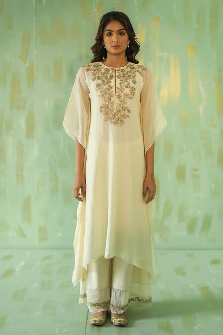 Pouli Pret_Off White Cotton Silk, Georgette Organza, Lining Embroidered Kaftan And Pant Set _Online_at_Aza_Fashions