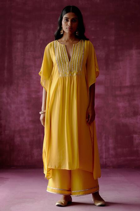 Pouli Pret_Yellow Georgette, Lining Cotton Mirror, Zari Notched Neck Kaftan And Pant Set _Online_at_Aza_Fashions