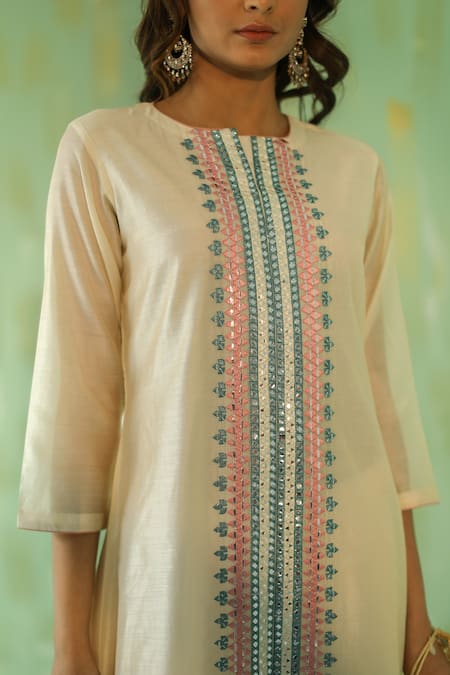 Buy_Pouli Pret_Off White , Chanderi, Lining Asymmetric Kurta And Dhoti Pant Set _Online_at_Aza_Fashions