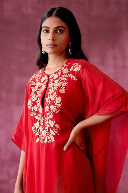 Buy_Pouli Pret_Red Cotton Silk, Georgette Organza, Lining Embroidered Kaftan And Pant Set _Online_at_Aza_Fashions