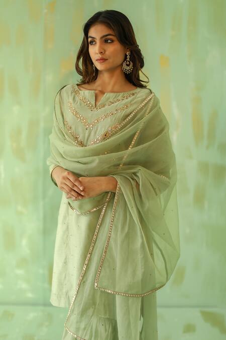 Buy Pouli Pret Green Organza, Chanderi, Lining Cotton Mirror, Embroidered Kurta Gharara Set Online at Aza Fashions Buy_Pouli Pret_Green Organza, Chanderi, Lining Cotton Mirror, Embroidered Kurta Gharara Set _Online_at_Aza_Fashions
