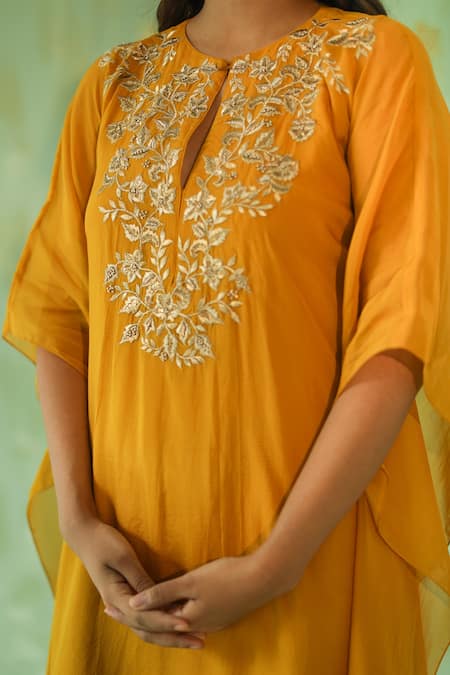 Pouli Pret_Yellow Cotton Silk, Georgette Organza, Lining Embroidered Kaftan And Pant Set _Online_at_Aza_Fashions